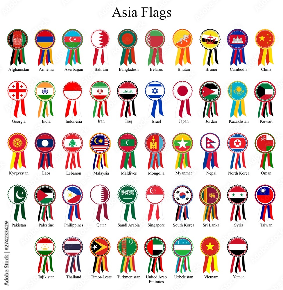 Flaggen Emblem aller Länder von Asien als Vektor auf einem isolierten weisen Hintergrund.
