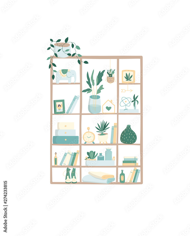 Bookshelf template, colorful hardcovers, hanging wooden shelf with houseplants and vases on white, home library, decoration elements, literature vector flat design.