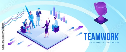 Teamwork 3d isometric illustration  employee win trophy  infographic hero leadership concept  business people in collaboration  successful person win cup  horizontal banner  website layout  ui