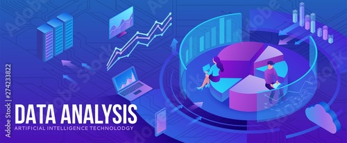 Data analysis center, business people analyze diagram, kpi analytics, digital technology in finance, artificial intelligence concept, big research isometric horizontal banner, 3d background