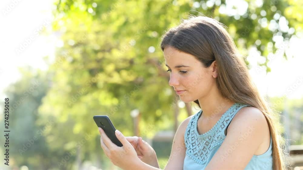 Amazed woman finding awesome online smart phone content sitting in a park Amazed woman finding awesome online smart phone content sitting in a park