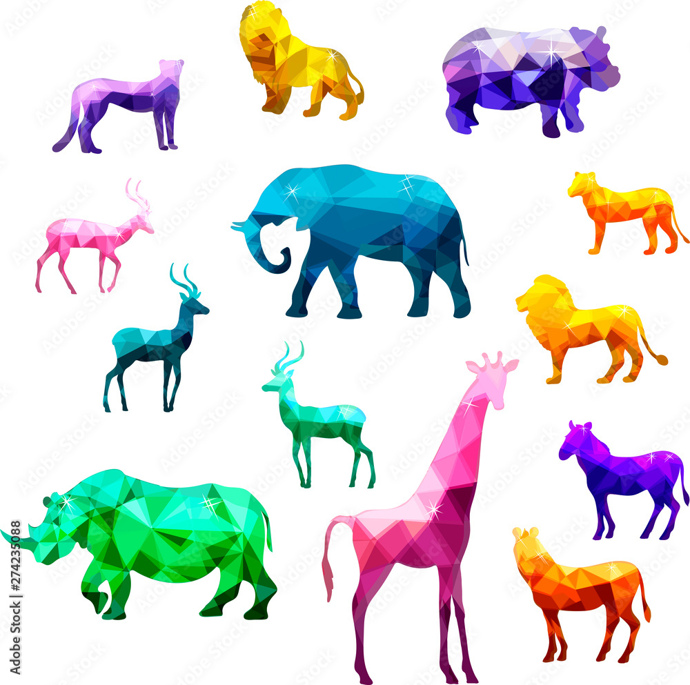 animals pattern, vector, art, color, crystal, contour, silhouette, animals,  set, isolated, clip art, picture, style design, decor, elephant, lion,  lioness, cheetah, zebra, antelope, rhinoceros Stock Vector | Adobe Stock