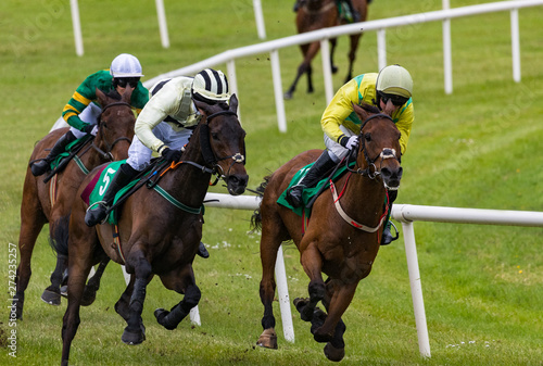 Jockeys and race horses batting for position on the final furlongs of the race