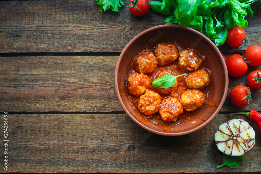 meatballs in tomato sauce (meat dish). food background. top view. copy space meatballs in tomato sauce (meat dish). food background. top view. copy space