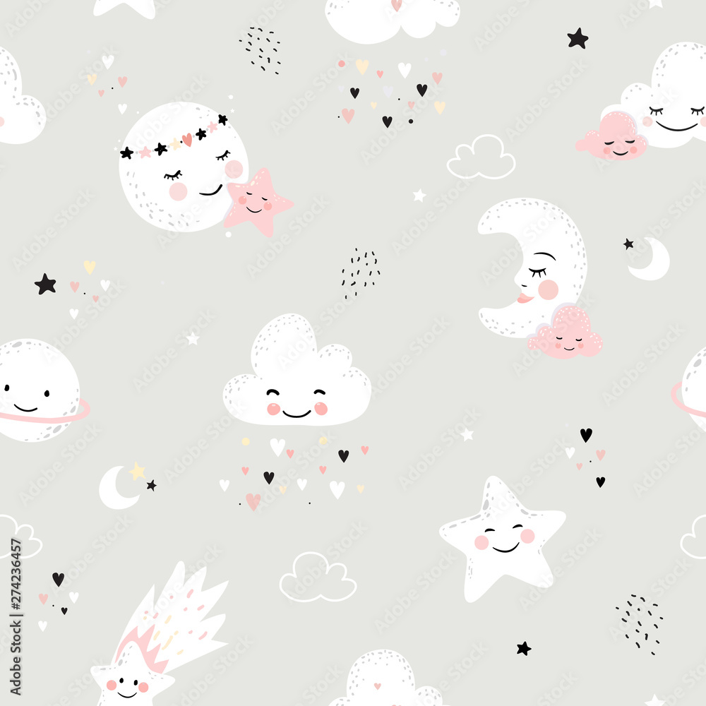 Seamless pattern with cute moon, stars, clouds. Perfect for baby ...