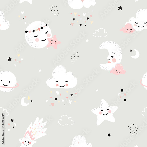 Seamless pattern with cute moon, stars, clouds. Perfect for baby background, kids room wallpaper, baby shower card, fabric and wear. Nursery vector illustration.