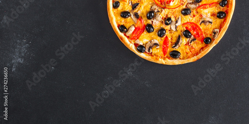pizza, mushrooms, olives, chicken, tomato sauce, cheese (pizza ingredients). hot pizza. Top view. copy space