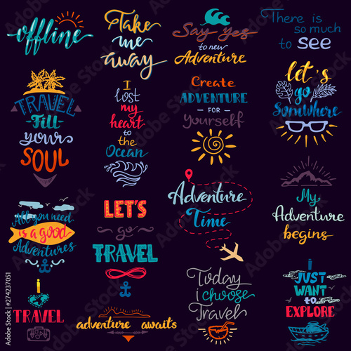 Traveling lettering vector adventure sign and journey typographic print illustration set of voyage tour trip inspirations to travel isolated on white background photo