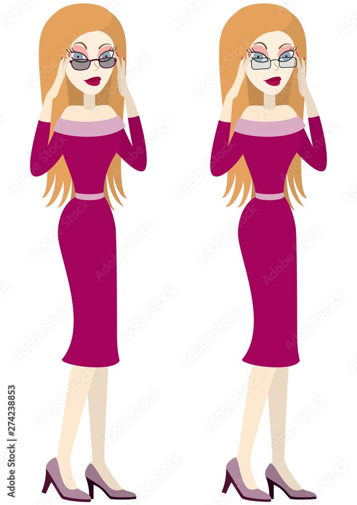 Pretty girl is choosing glasses/ Illustration cartoon woman in glasses. Two variations Pretty girl is choosing glasses/ Illustration cartoon woman in glasses. Two variations