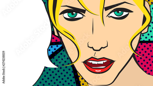 Vector pop art illustration of a fair hair girl and speaking bubble