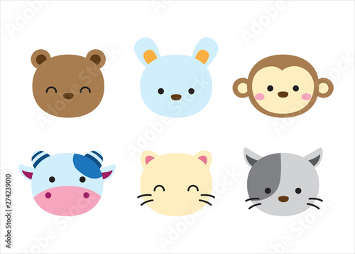 Animals characters Set Cartoon. Vector illustration. monkey, Bunny, Bear, Dog, Cow, Cat.