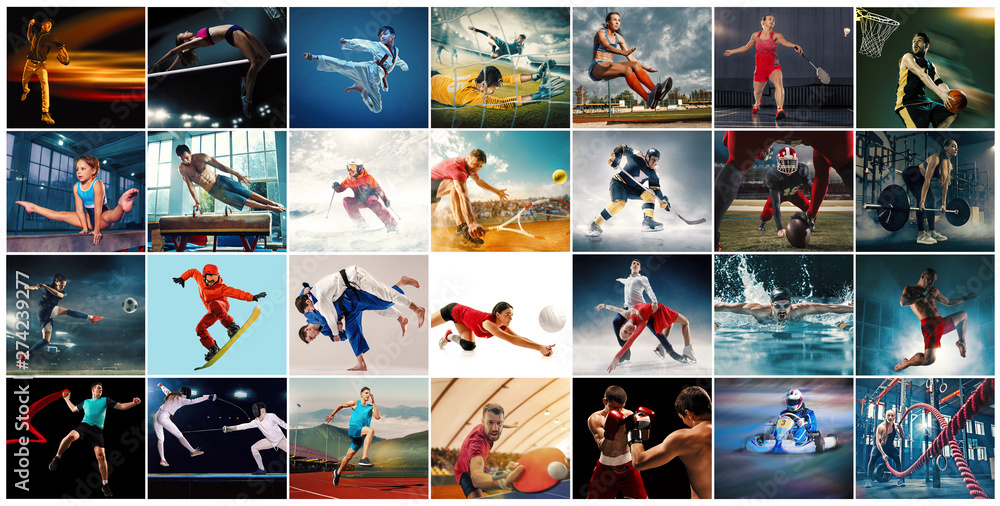 Fototapeta Kreatywny kolaż ze zdjęć 29 modeli. Tenis, bieganie, badminton, pływanie, koszykówka, piłka ręczna, siatkówka, futbol amerykański, gracze rugby, snowboard, tenis, hokej w ruchu.