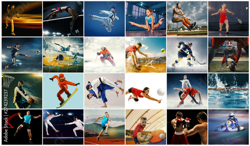 Creative collage made of photos of 26 models. Tennis, running, badminton, swimming, basketball, handball, volleyball, american football, rugby players snowboarding tennis hockey in motion