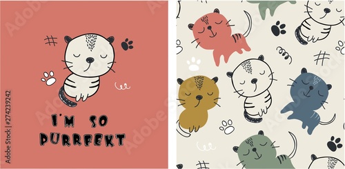 set of cute cat print and seamless pattern with cats. vector illustration