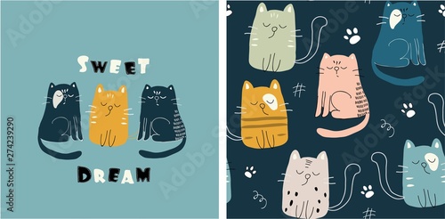 set of cute cat print and seamless pattern with cats. vector