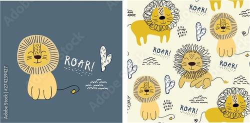set of cute lion print and seamless pattern with lions. vector
