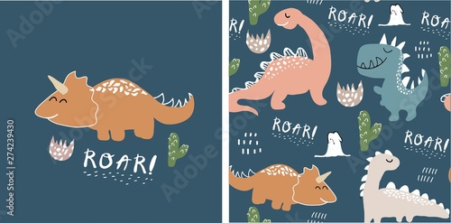 Fototapeta Naklejka Na Ścianę i Meble -  set of cute dinosaur print and seamless pattern with dinosaurs. vector illustration