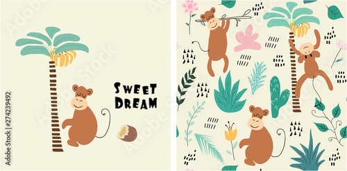 set of monkey print and seamless pattern with monkeys.vector
