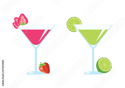 Fruit Alcoholic Cocktails Drinks vector. Lemon and Strawberry Daiquiri vector. Set of alcoholic cocktails isolated on a white background. Fruits fresh cocktail icon set. Summer drink vector
