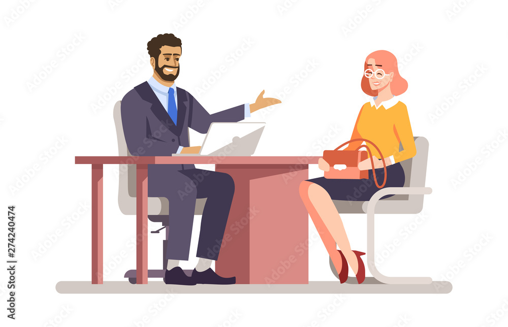 Job interview flat vector illustration. Employer hiring worker cartoon characters isolated on white background. HR manager, boss communicating with job seeker, vacancy candidate, applicant Job interview flat vector illustration. Employer hiring worker cartoon characters isolated on white background. HR manager, boss communicating with job seeker, vacancy candidate, applicant