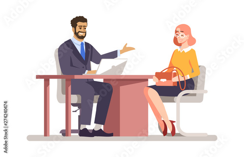 Job interview flat vector illustration. Employer hiring worker cartoon characters isolated on white background. HR manager, boss communicating with job seeker, vacancy candidate, applicant
