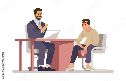 Job rejection flat vector illustration. Employer rejecting vacancy candidate, applicant isolated cartoon character on white background. Interview failure. Sad, depressed jobseeker, fired employee