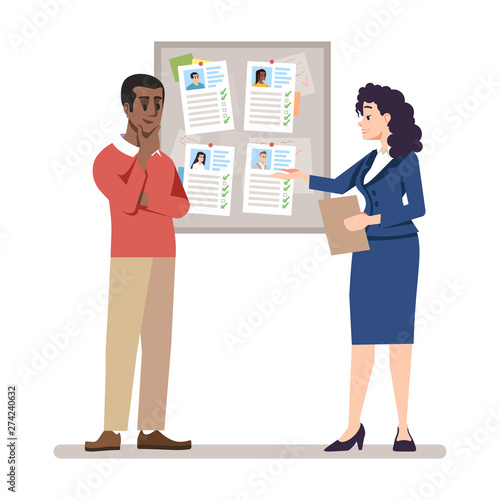 HR managers choosing vacancy candidate resume flat vector illustration. Employers searching workers cartoon characters isolated on white background. Employment service. Recruiters looking for staff