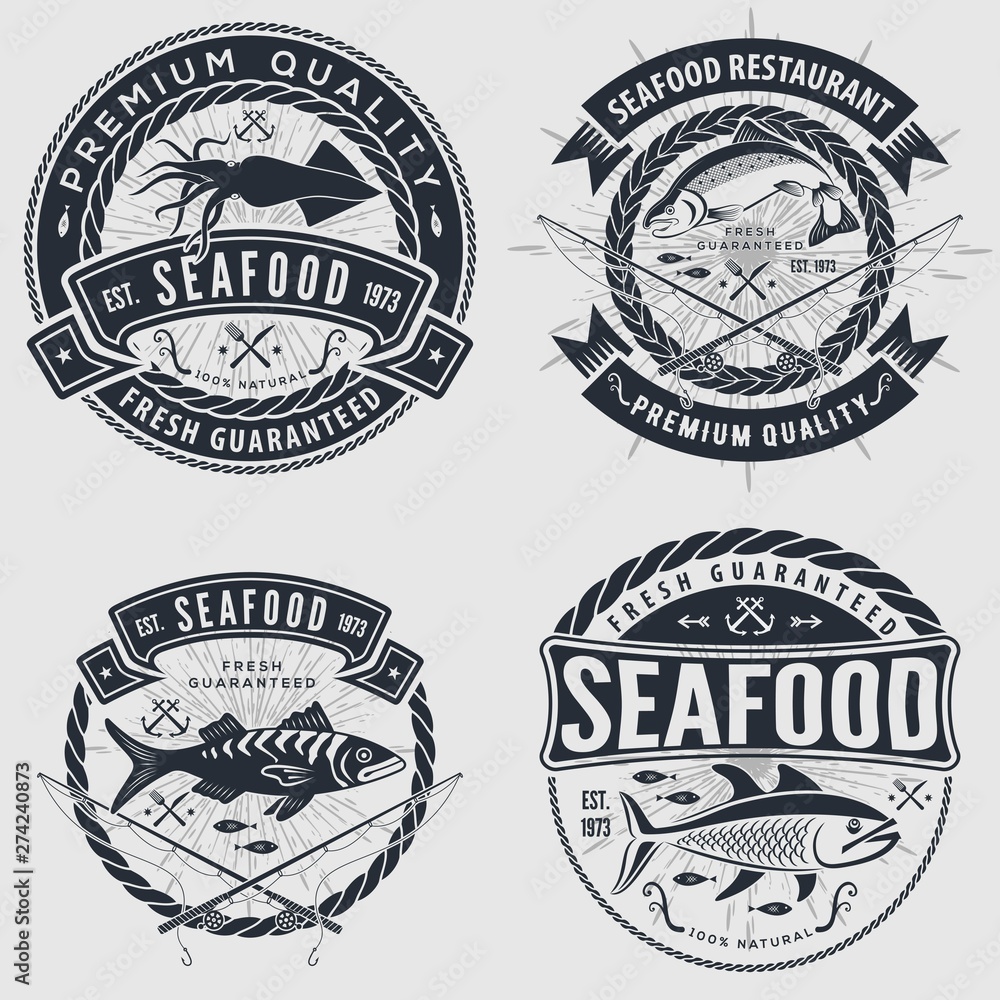 Set of Seafood label, badge, emblem or logo for seafood restaurant, menu design element. Vector illustration