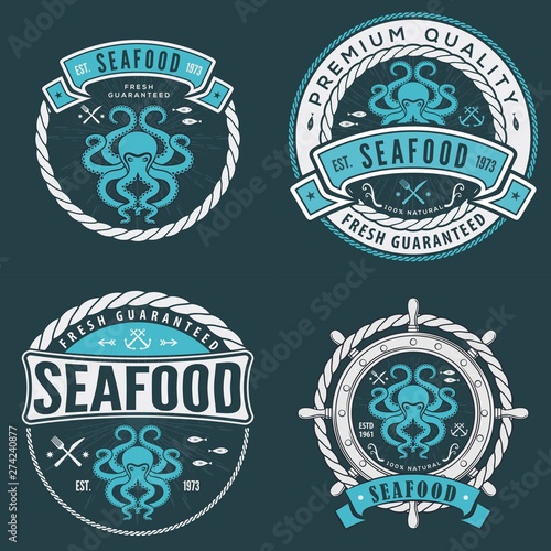 Set of Seafood label, badge, emblem or logo for seafood restaurant, menu design element. Vector illustration