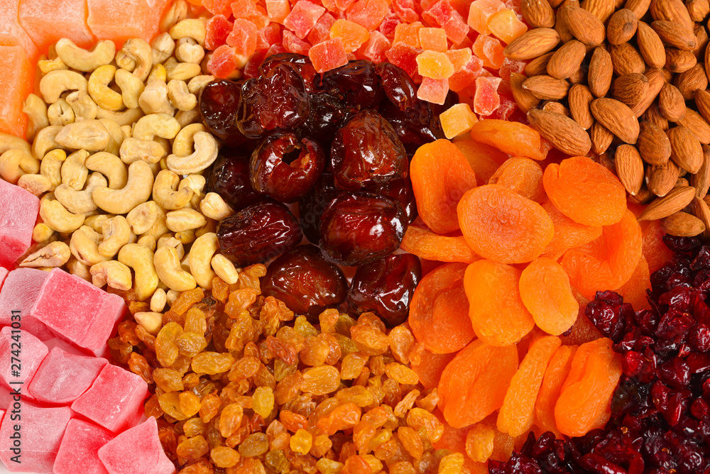 Mix of nuts and dried fruits and sweet turkish delights background. Mix of nuts and dried fruits and sweet turkish delights background.