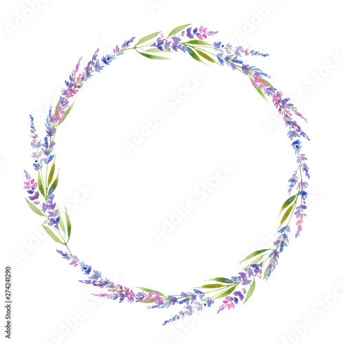 Watercolor lavender wreath of flowers, circle. floral provencal style design .