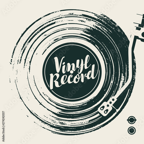 Vector music poster with old vinyl record, record player and calligraphic lettering in retro style. Music collection photo