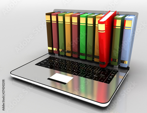 elearning concept. laptop and books.3d illustration