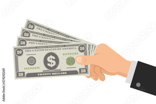 Hand holds money US dollars 20 banknotes. Man holding cash four bills of twenty. Business concept giving money. Isolated on white background. Flat Style. Vector illustration.