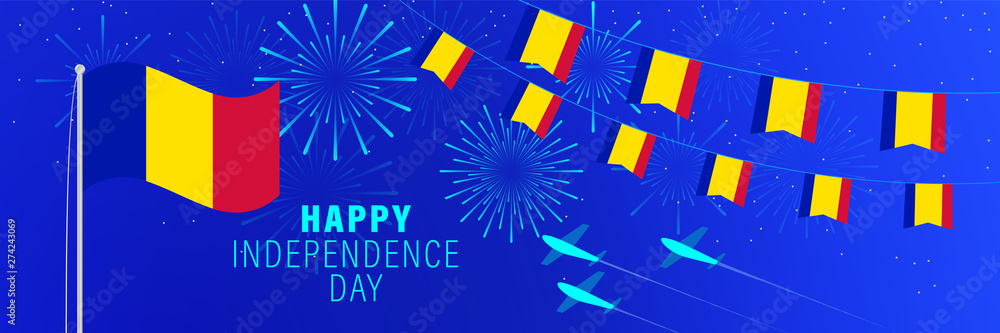 Fototapeta premium September 8 Andorra Independence Day greeting card. Celebration background with fireworks, flags, flagpole and text.