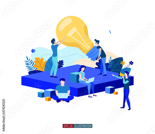 Trendy flat illustration. Cooperation of people who implement the joint idea. Illustration of the idea birth process. Template for your design works. Vector graphics.