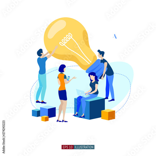 Trendy flat illustration. Cooperation of people who implement the joint idea. Illustration of the idea birth process. Template for your design works. Vector graphics.