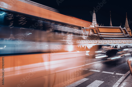 Bus in speed motion at Temple of The Emerald Buddha ,Bangkok Thailand