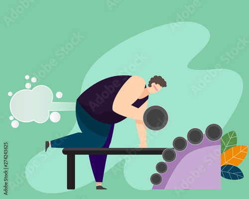 Man Farting With Blank Balloon Out While Exercising With Dumbbells, Concept With Healthcare And Medicine. Vector Illustration.