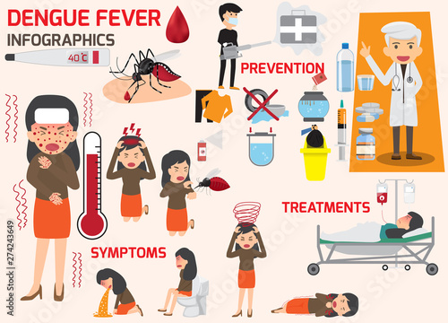 Template design of details dengue fever or flu and symptoms with prevention infographics. people sick that have dengue fever and flu health and medicine cartoon vector illustration.