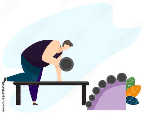 Strong man working out with dumbbells in Fitness Gym. Athletic guy doing exercise with dumbbell in various pose in gym. Vector character design. Health and Medicine concept Vector Illustration.