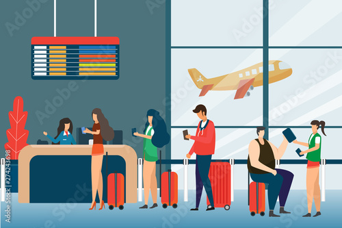 Screening Passengers, Check In Airport Group Of Mix Race Passengers Standing In Queue To Counter, Departures Board Concept Flat Design. Travel and Tourist Concept Vector Illustration