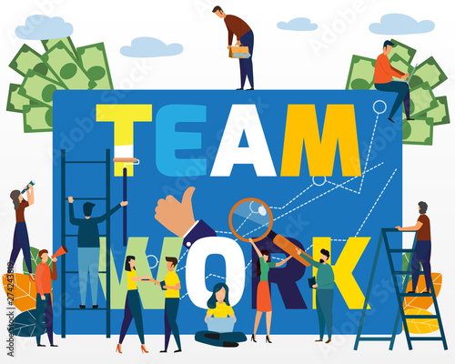 Vector business illustration, businessmen together build word teamwork, abstract design graphic business people team work together and cooperation, construction business project. vector Flat cartoon