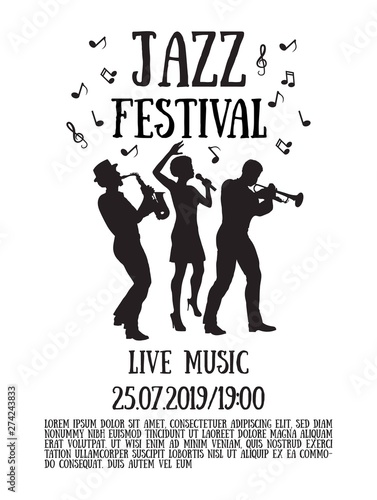 Jazz  festival poster. Silhouettes  of trumpet player, saxophonist and african woman singer. 50's or 60's style musicians