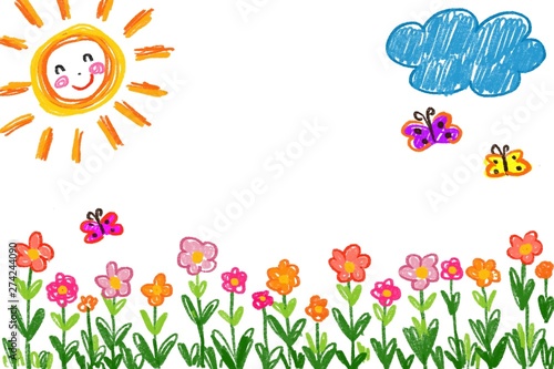 Children painting flowers, sun, clouds, butterflies