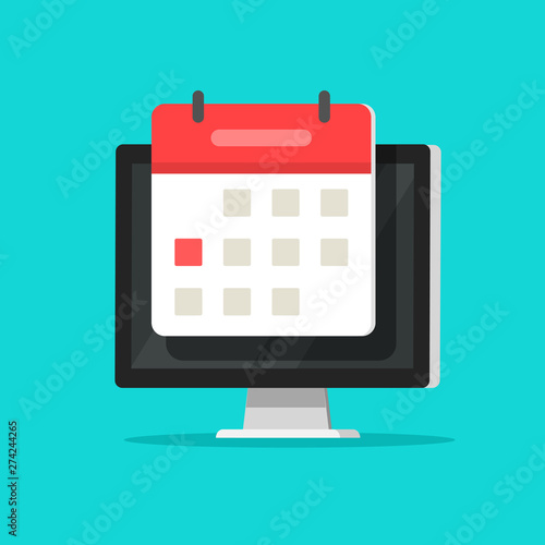 Calendar or agenda on computer screen vector illustration, flat cartoon online organizer app on pc display with event date reminder image