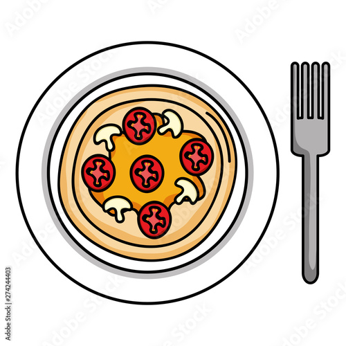 dish with delicious italian pizza and fork