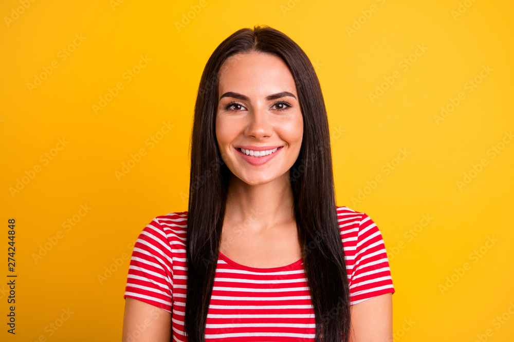Close up photo of adorable youngster people feel she her good-looking glad wear fashionable clothing isolated yellow vibrant background Close up photo of adorable youngster people feel she her good-looking glad wear fashionable clothing isolated yellow vibrant background