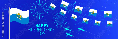 September 3 San Marino Independence Day greeting card. Celebration background with fireworks, flags, flagpole and text.
