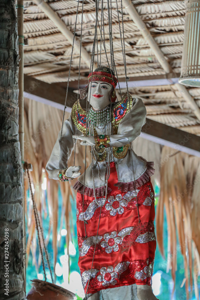 A beautiful string puppet souvenir in Hongsa(Bago),Myanmar.Myanmar tradition handicraft dolls.